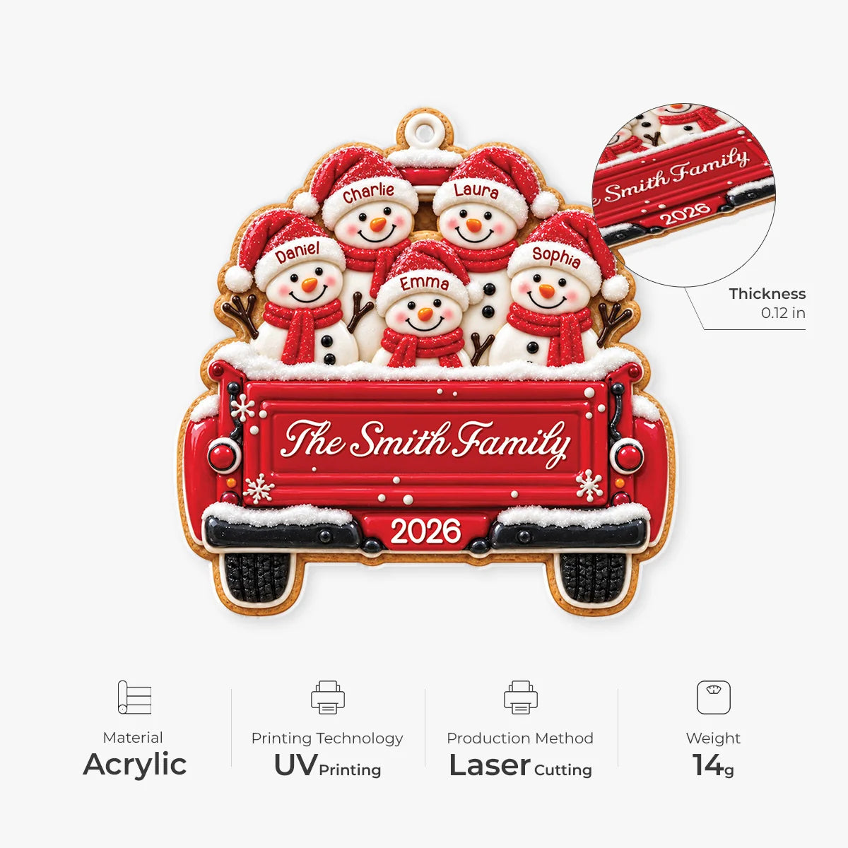 Snowman Family Red Truck Personalized Acrylic Ornament - Christmas Keepsake Gift