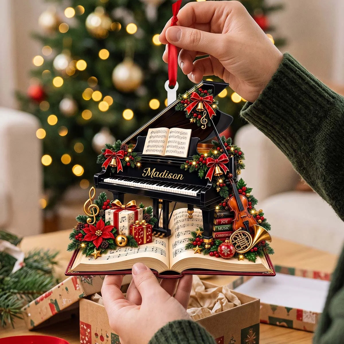 Personalized Grand Piano Wooden Ornament - Custom Christmas Gift for Pianists & Music Teachers