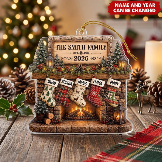 Custom Fireplace Family Acrylic Ornament - Personalized Christmas Keepsake Gift for Mom & Dad