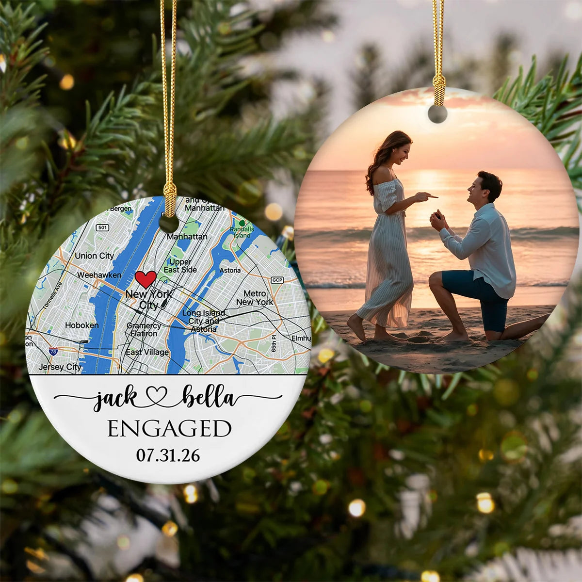 Custom Proposal Map and Photo Engagement Gift for Couples - Personalized Ceramic Ornament