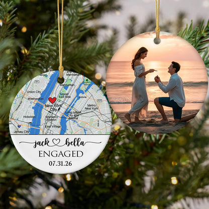 Custom Proposal Map and Photo Engagement Gift for Couples - Personalized Ceramic Ornament