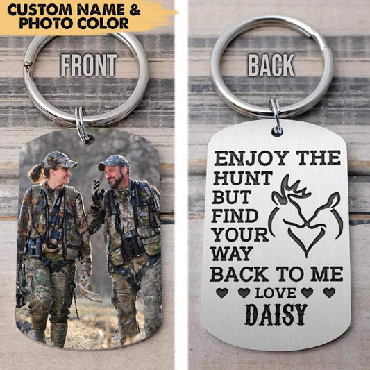 Personalized hunting keychain with custom photo print and engraved romantic quote for outdoor couples