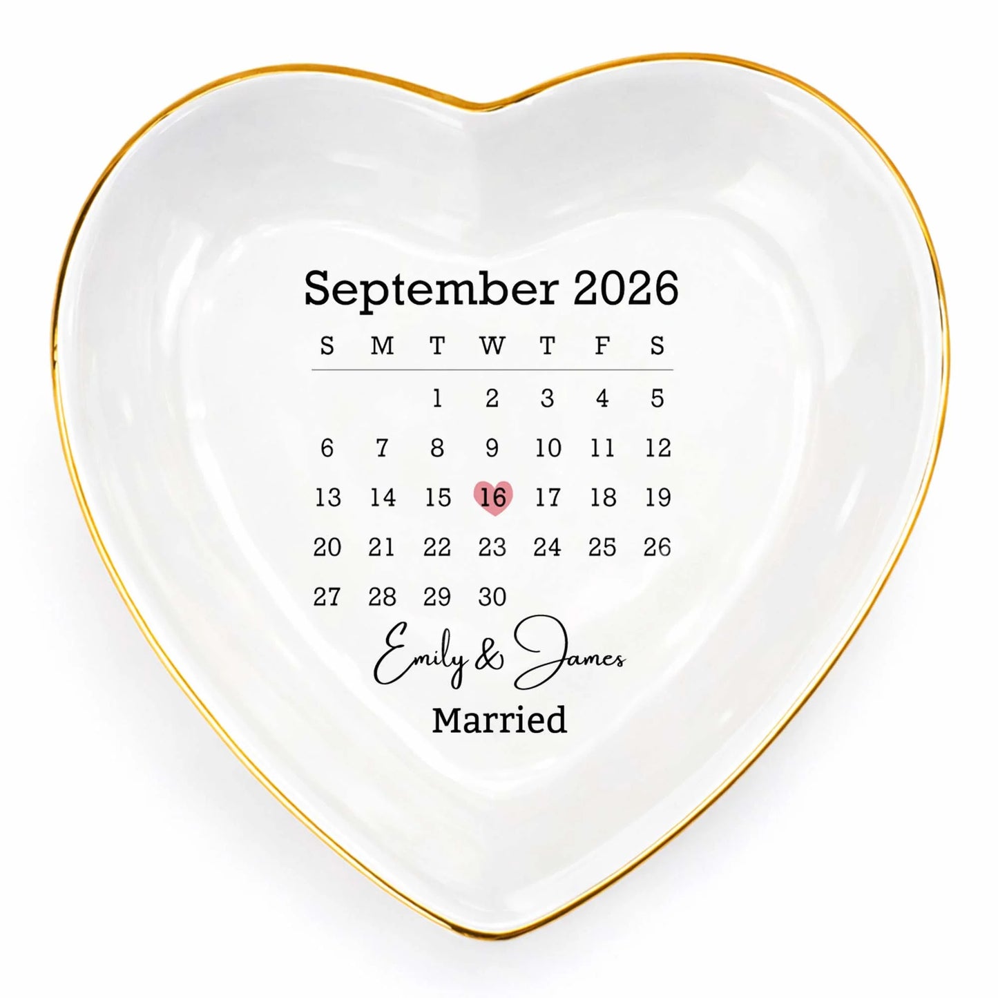 Personalized Wedding Calendar Heart Jewelry Dish personalization view for Wife