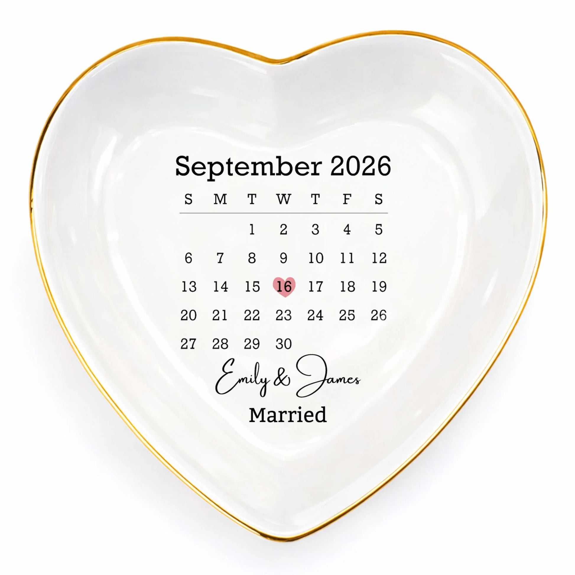 Personalized Wedding Calendar Heart Jewelry Dish personalization view for Wife