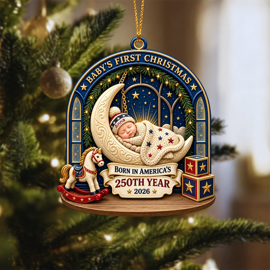 Baby's First Christmas 2026 Personalized Wood Ornament - Born in America's 250th Year Keepsake
