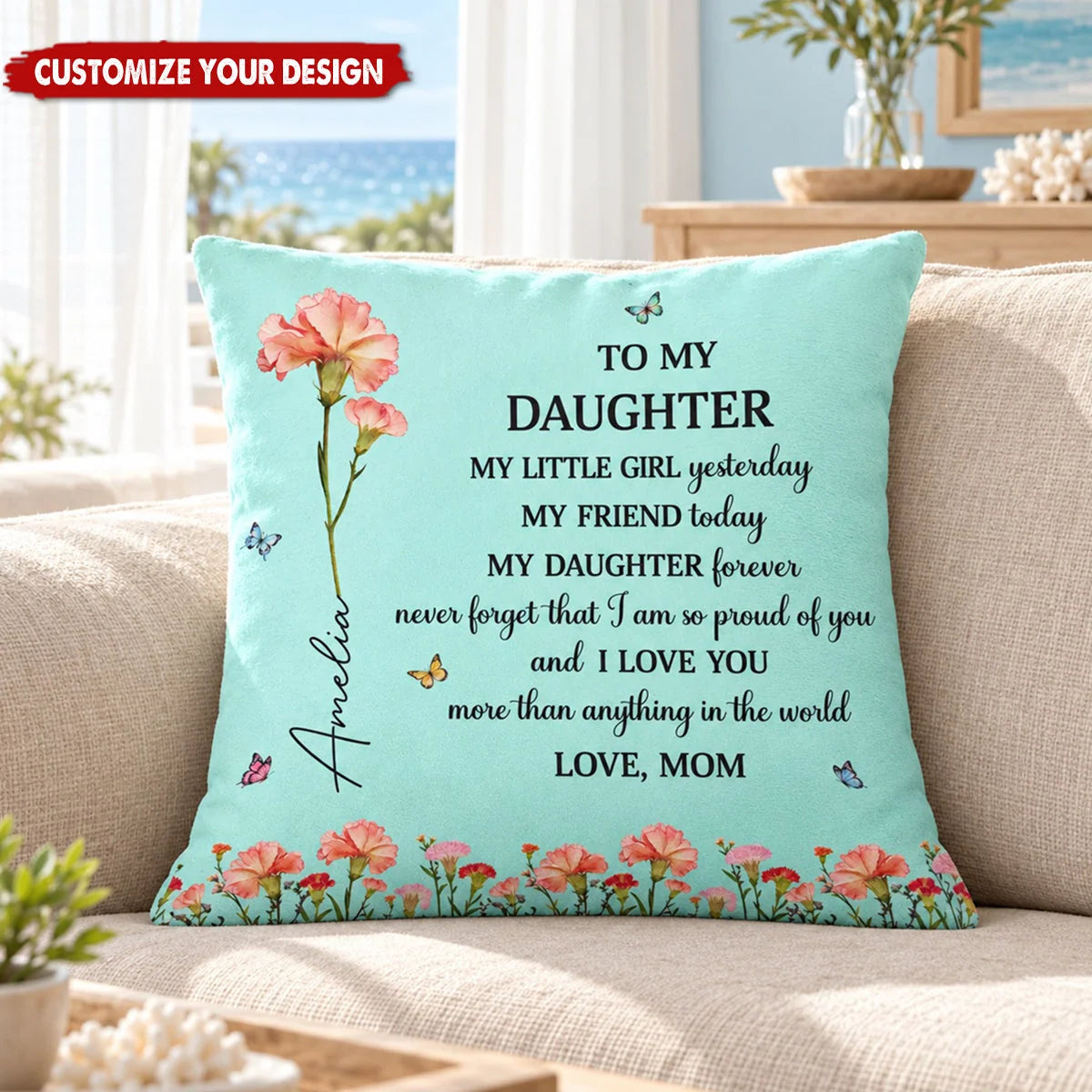 "To My Daughter My Little Girl Yesterday" Personalized Birth Flower Pillow - Birthday Keepsake Gift for Daughter