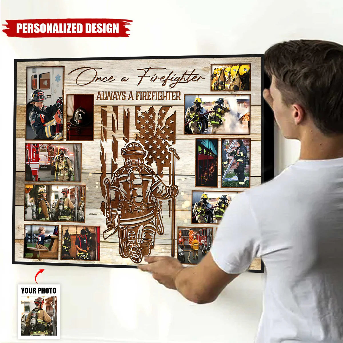 Custom firefighter canvas with photo collage and 'Once a Firefighter' quote - perfect retirement gift for brave heroes