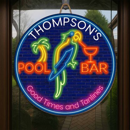 Personalized pool bar wood sign featuring tropical neon parrot design for summer home decor image 7