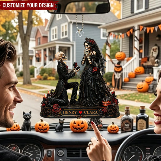 Personalized Skeleton Couple Proposal Car Ornament - Custom Gothic Spooky Halloween Keepsake Gift for Couples