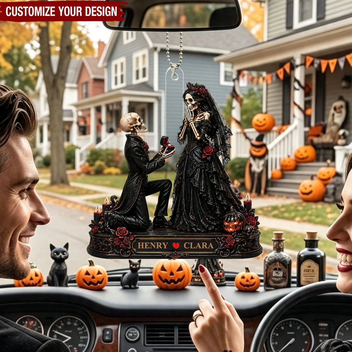 Personalized Skeleton Couple Proposal Car Ornament - Custom Gothic Spooky Halloween Keepsake Gift for Couples