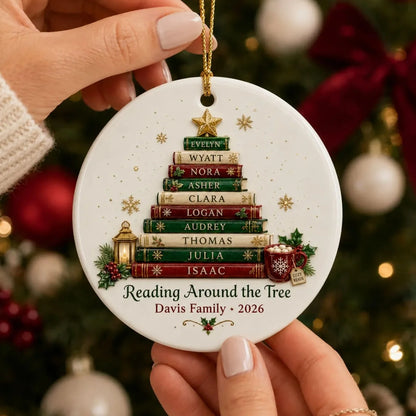 Reading Around the Tree Personalized Book Lover Ceramic Ornament - Custom Family Name Keepsake