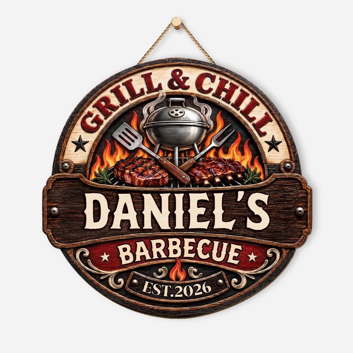 Grill & Chill Barbecue Wood Sign Personalized BBQ Sign - Dad, Husband Grill Master Gift