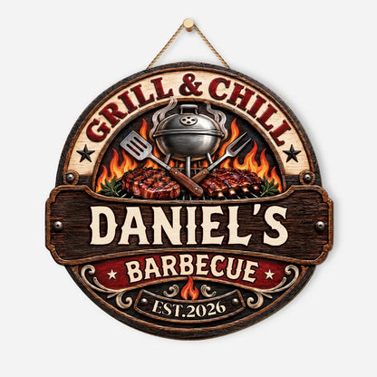 Grill & Chill Barbecue Wood Sign Personalized BBQ Sign - Dad, Husband Grill Master Gift