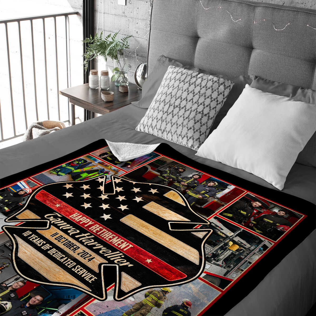 Personalized firefighter retirement blanket with custom photo collage and thin red line design image 6