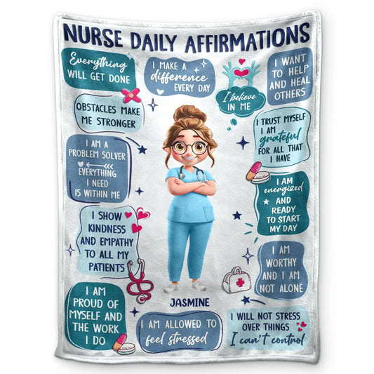 Personalized nurse daily affirmations blanket with customizable character and name for nurse appreciation gift