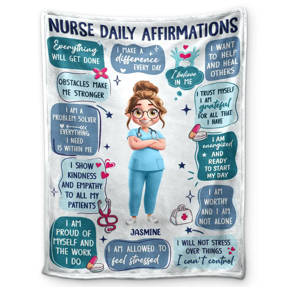 Personalized nurse daily affirmations blanket with customizable character and name for nurse appreciation gift