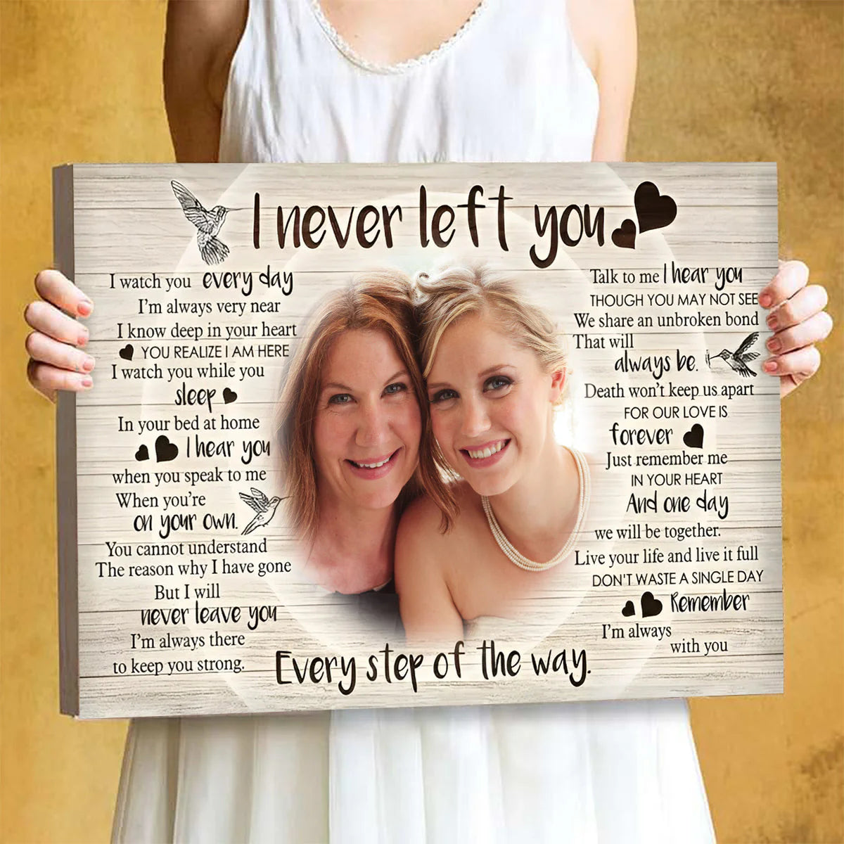 Personalized memorial canvas featuring custom photo and I Never Left You poem for sympathy wall art gift