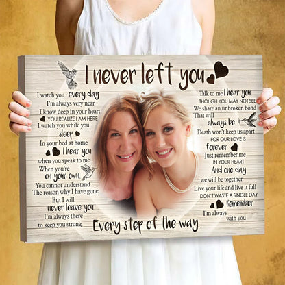Personalized memorial canvas featuring custom photo and I Never Left You poem for sympathy wall art gift
