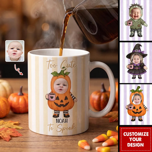 "Too Cute To Spook" Custom Baby Face Halloween Mug - Personalized Photo Little Boo Ceramic Coffee Cup Gift