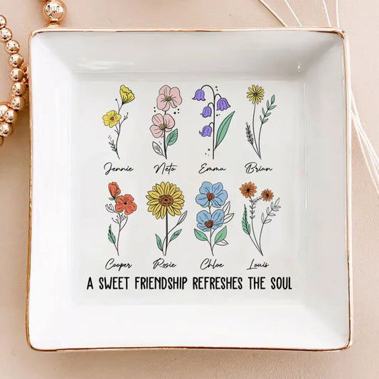 Personalized jewelry dish with birth flowers and quote for best friend gift