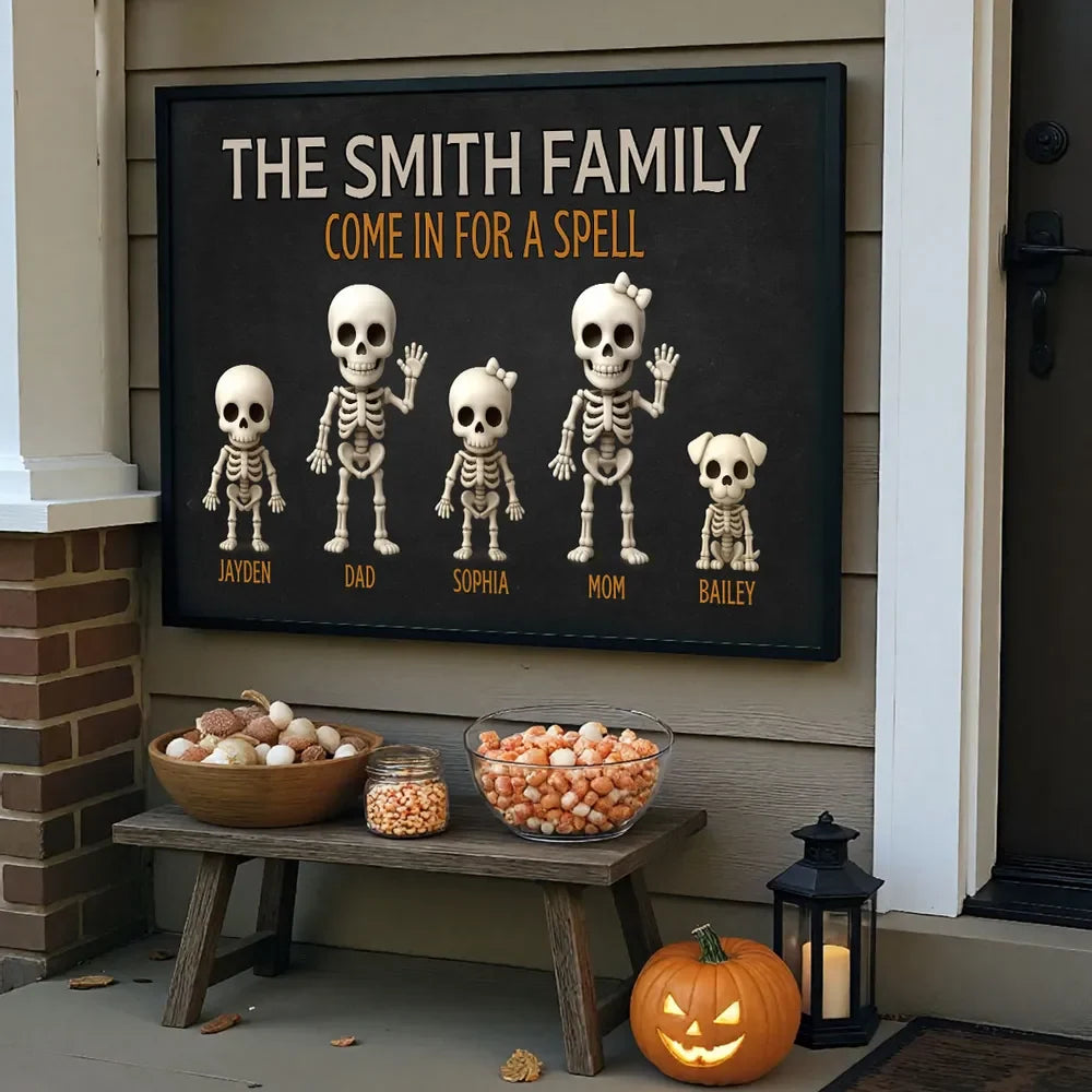 "Come In For A Spell" Personalized Skeleton Family Canvas / Poster - Custom Halloween Wall Art