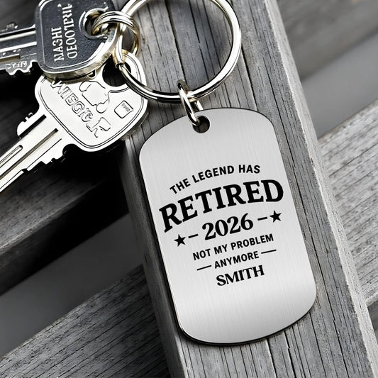 Personalized retirement keychain featuring funny quote and custom name for retired men