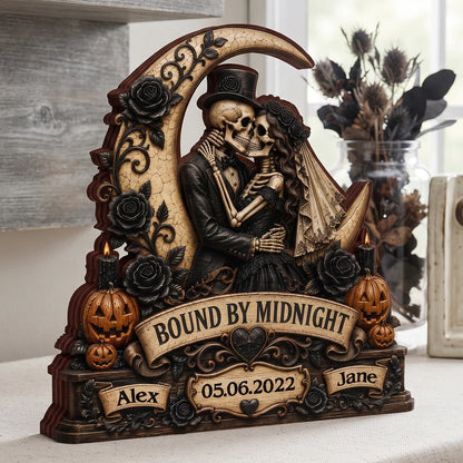Bound By Midnight Personalized Skeleton Couple Wooden Block - Custom Halloween Anniversary Gift