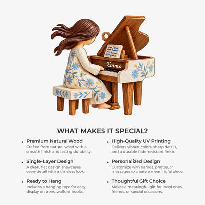 Floral Grand Piano Girl Personalized Wooden Ornament - Christmas Keepsake Gift for Pianist Music Teacher
