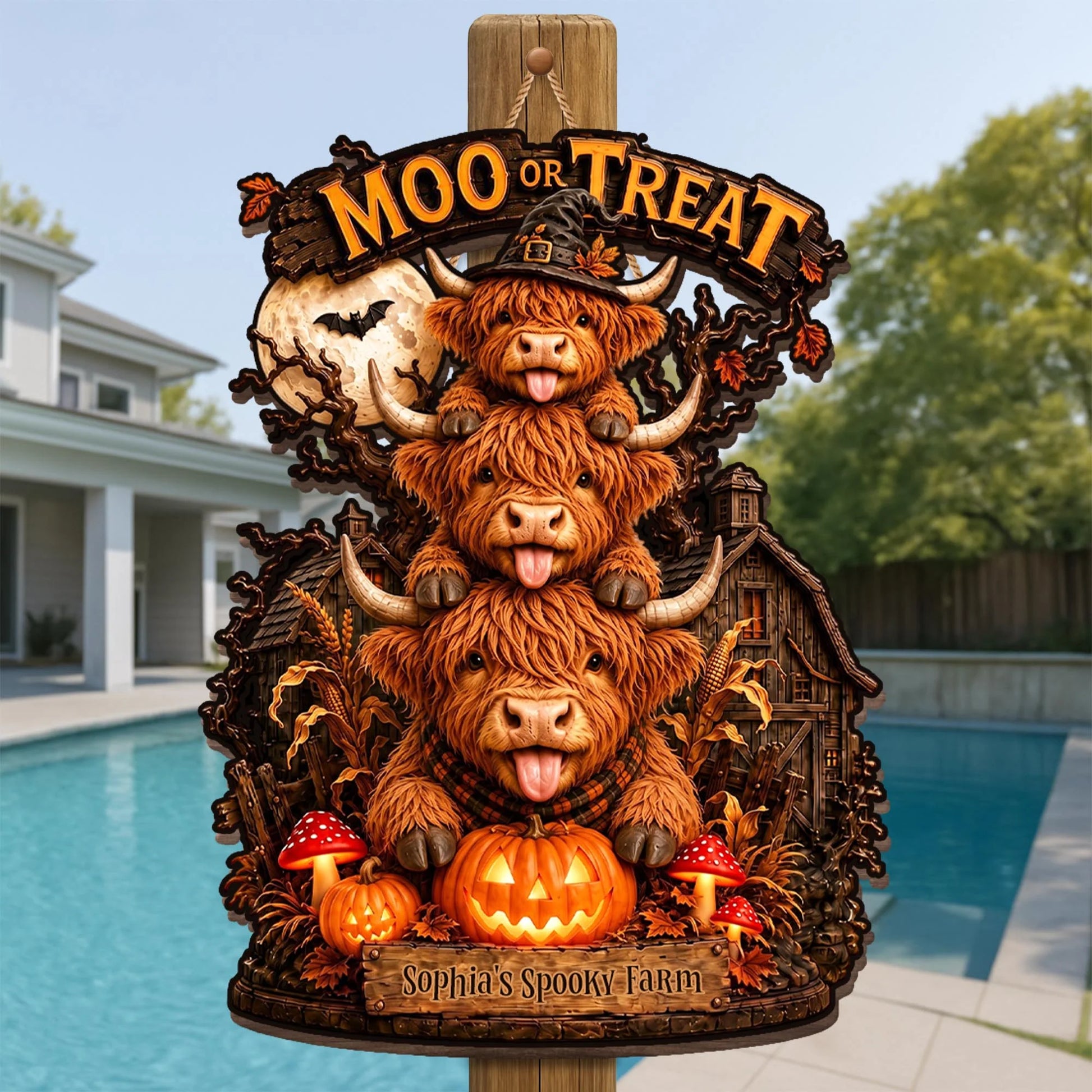 Moo Or Treat Personalized Highland Cow Wood Sign - Custom Halloween Farm Decor