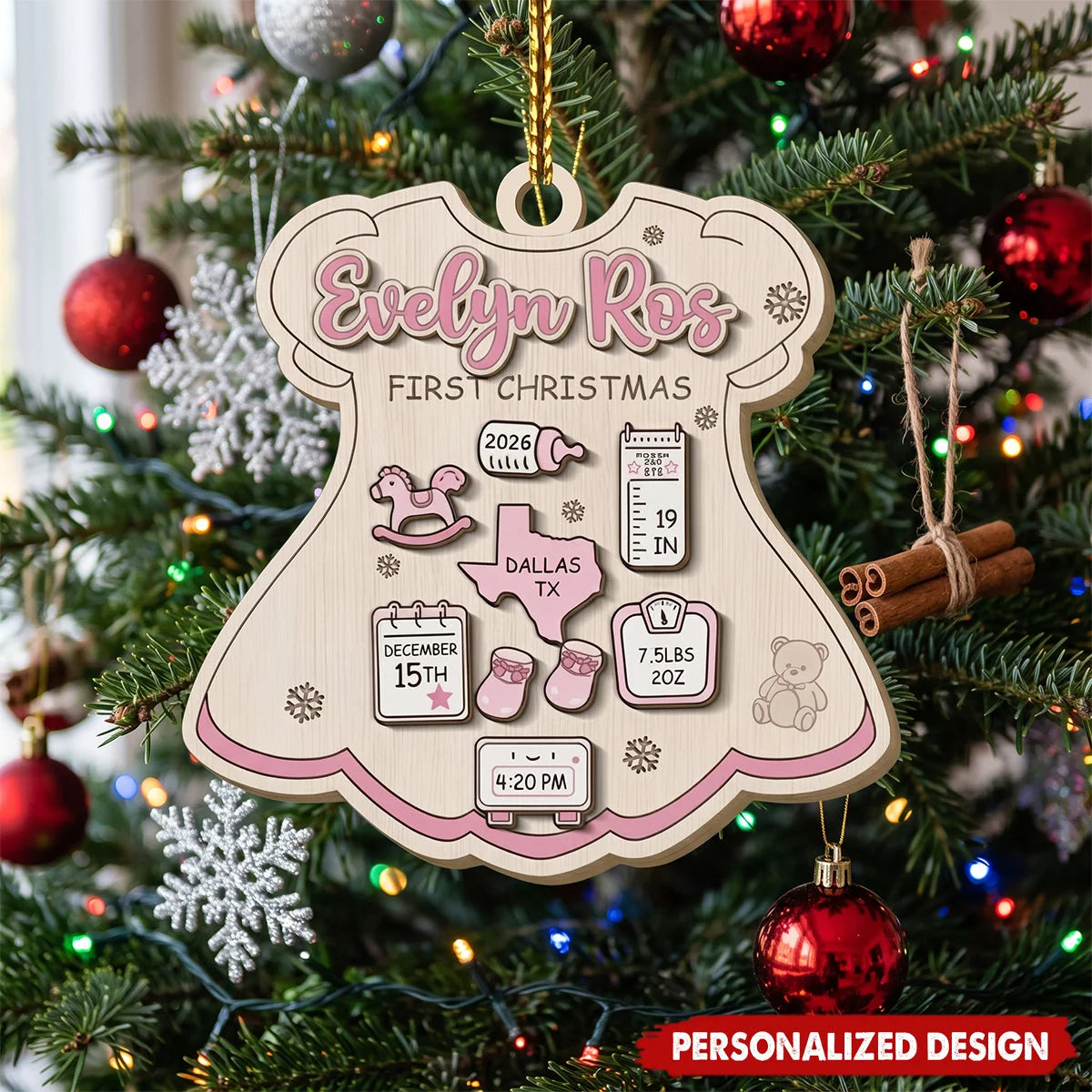 Baby’s First Christmas Personalized Birth Stats Ornament - Custom Wooden Onesie Keepsake Gift
