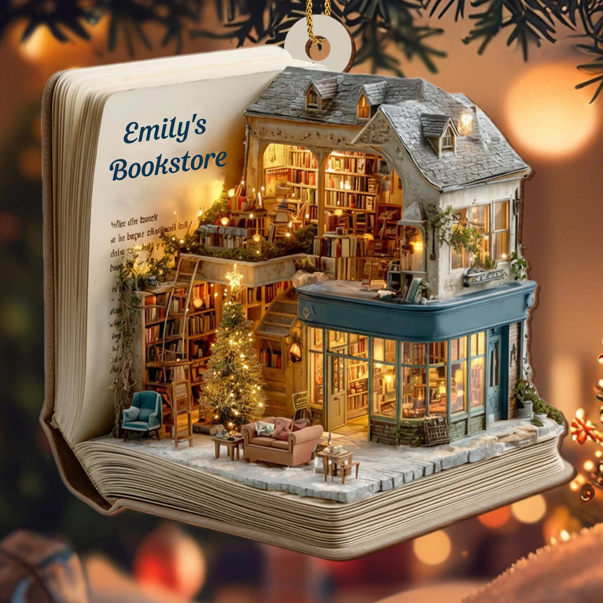 Cozy Bookstore Scene Personalized Wooden Ornament - Book Lovers Custom Holiday Gift