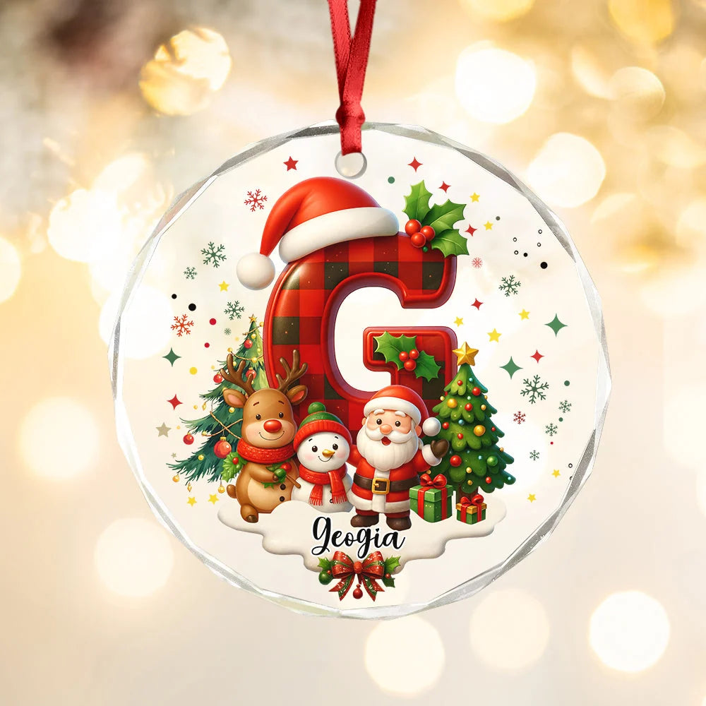 Personalized Christmas Glass Ornament with Buffalo Plaid Letter & Name - Custom Holiday Gift for Kids & Family