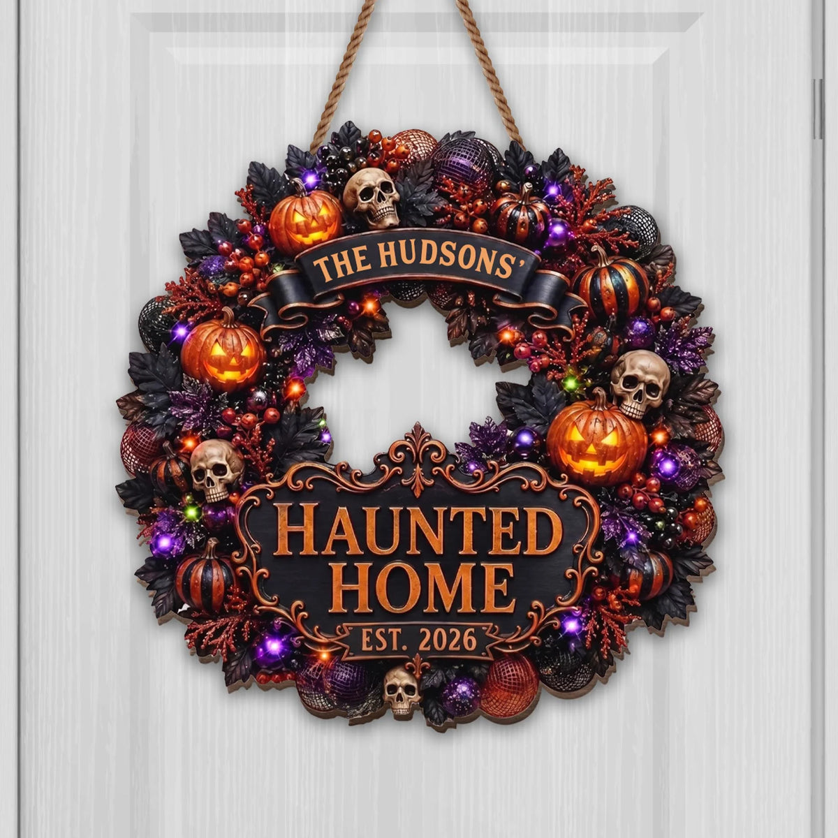 Haunted Home Personalized Halloween Wood Sign - Custom Wreath Decor for Family Front Porch
