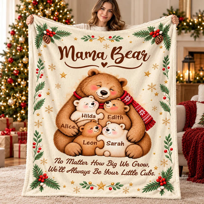 "Always Be Your Little Cubs" Personalized Mama Bear Blanket - Custom Kids' Names Christmas Gift for Mom
