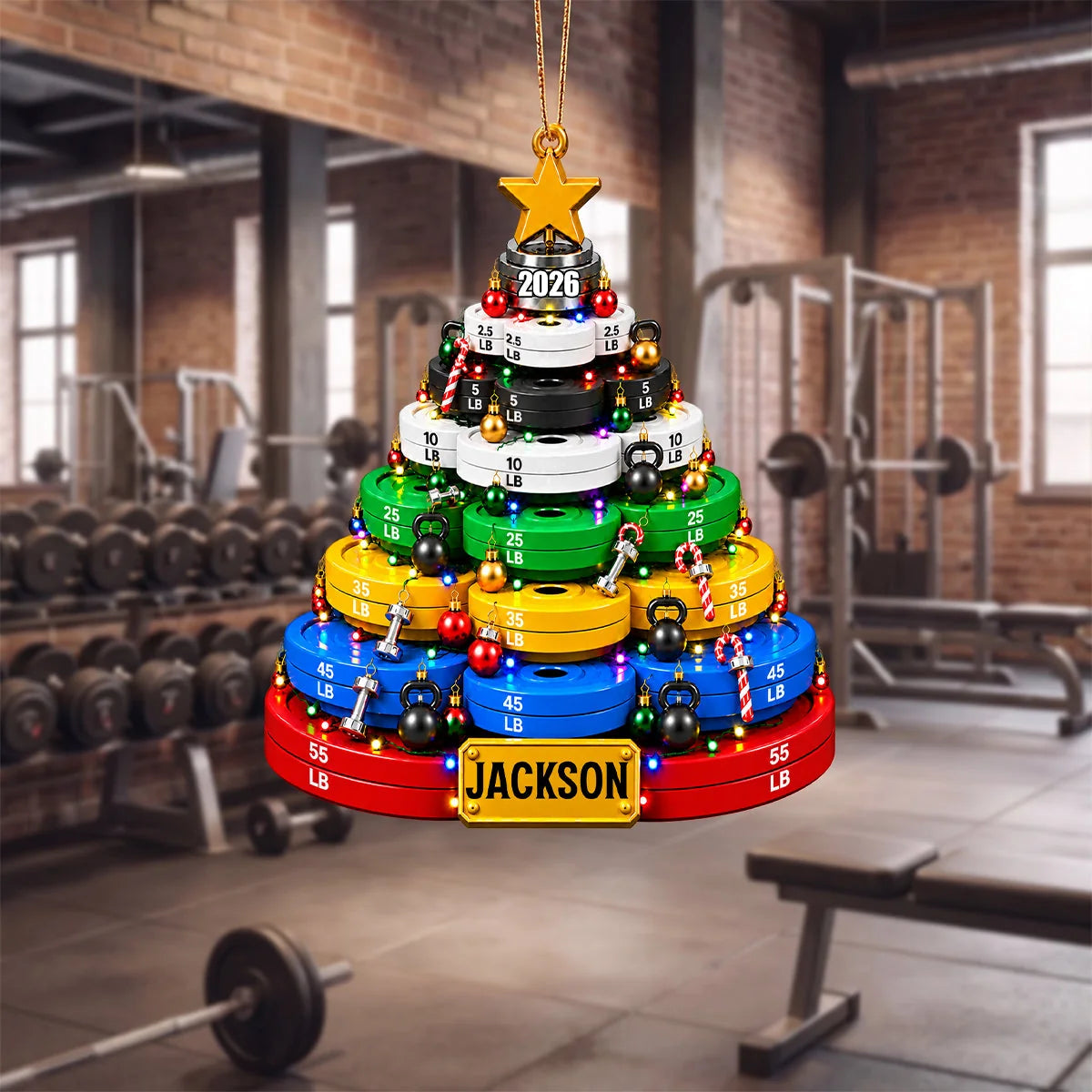 Weight Plate Christmas Tree Wooden Ornament - Personalized Fitness Gift for Gym Lovers, Weightlifters