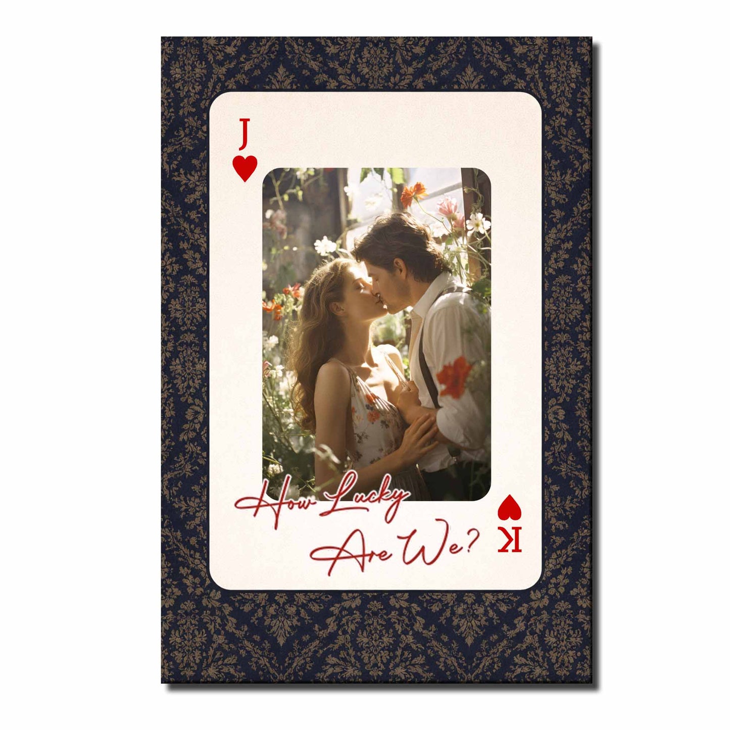 Personalized custom playing card photo poster with a vertical picture of a couple and How Lucky Are We quote text print image 8
