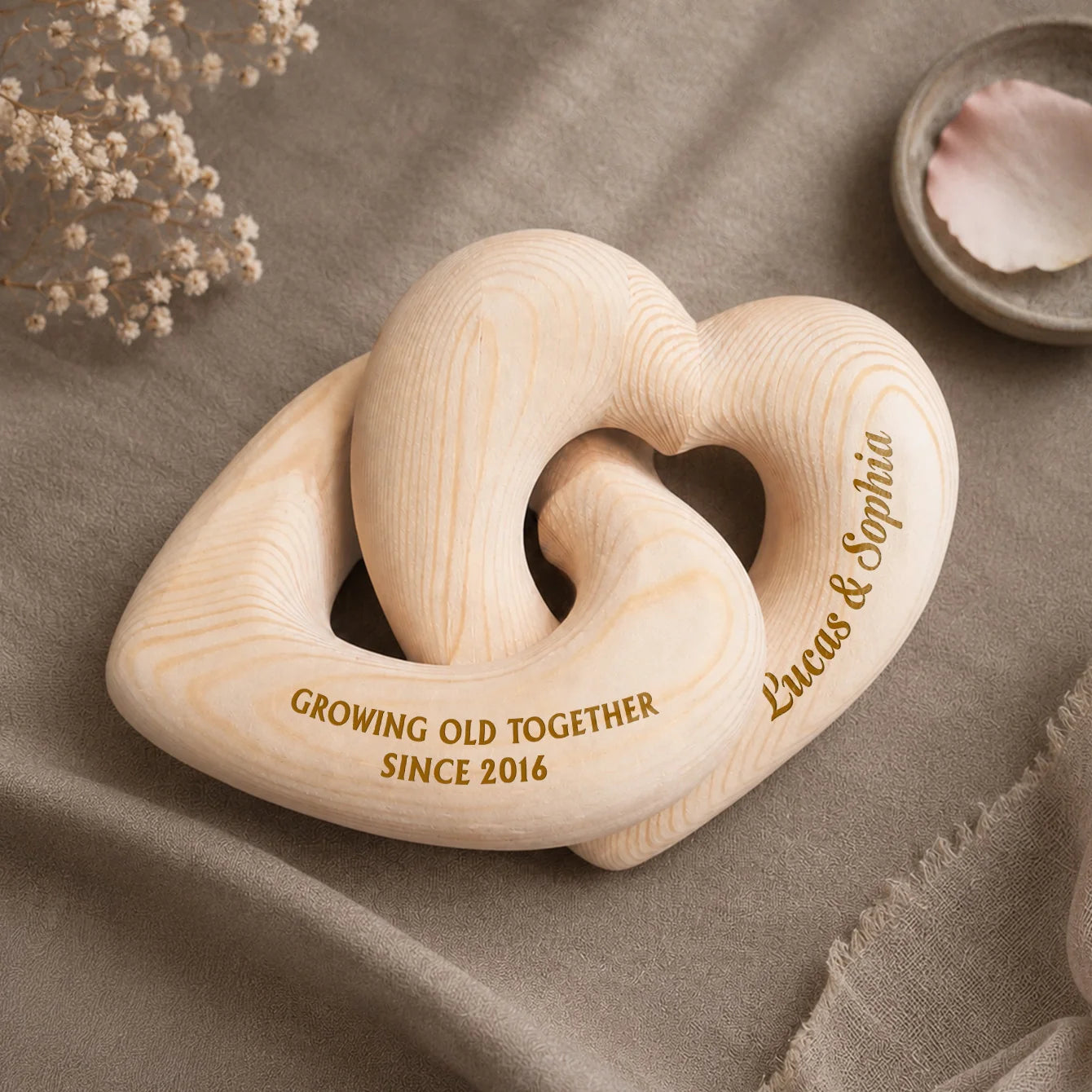 Growing Old Together Personalized Wooden Heart Sculpture - Custom Anniversary Gift for Couples