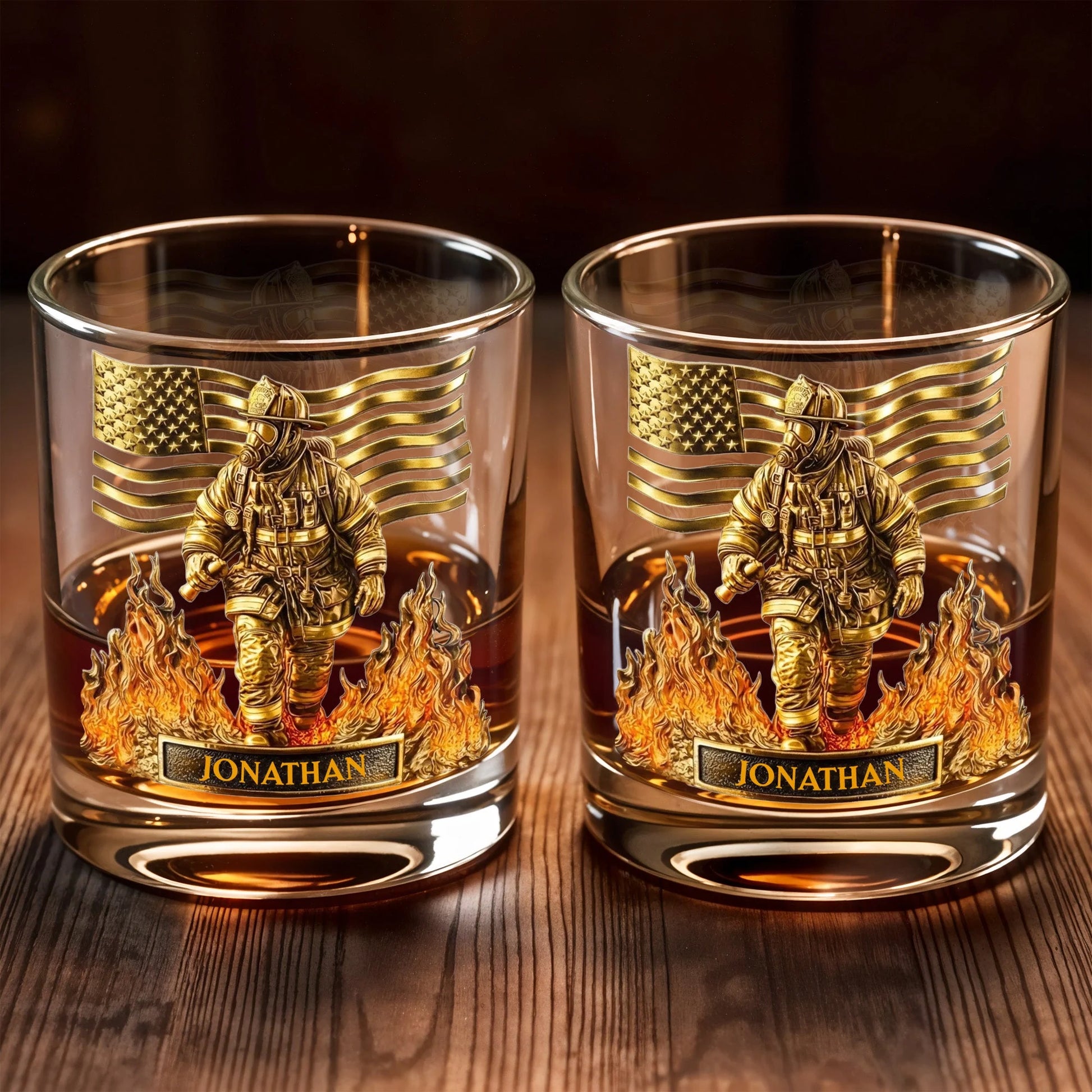 Personalized firefighter whiskey glass with custom name Jonathan and golden American flag design image 6