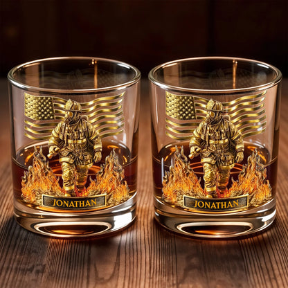 Personalized firefighter whiskey glass with custom name Jonathan and golden American flag design image 6
