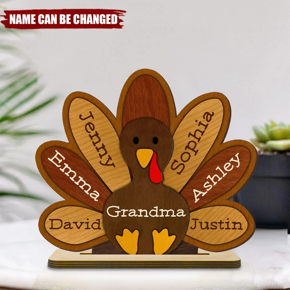 Personalized Thanksgiving Turkey Wooden Plaque - Custom Family Name Gift for Grandma