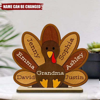 Personalized Thanksgiving Turkey Wooden Plaque - Custom Family Name Gift for Grandma