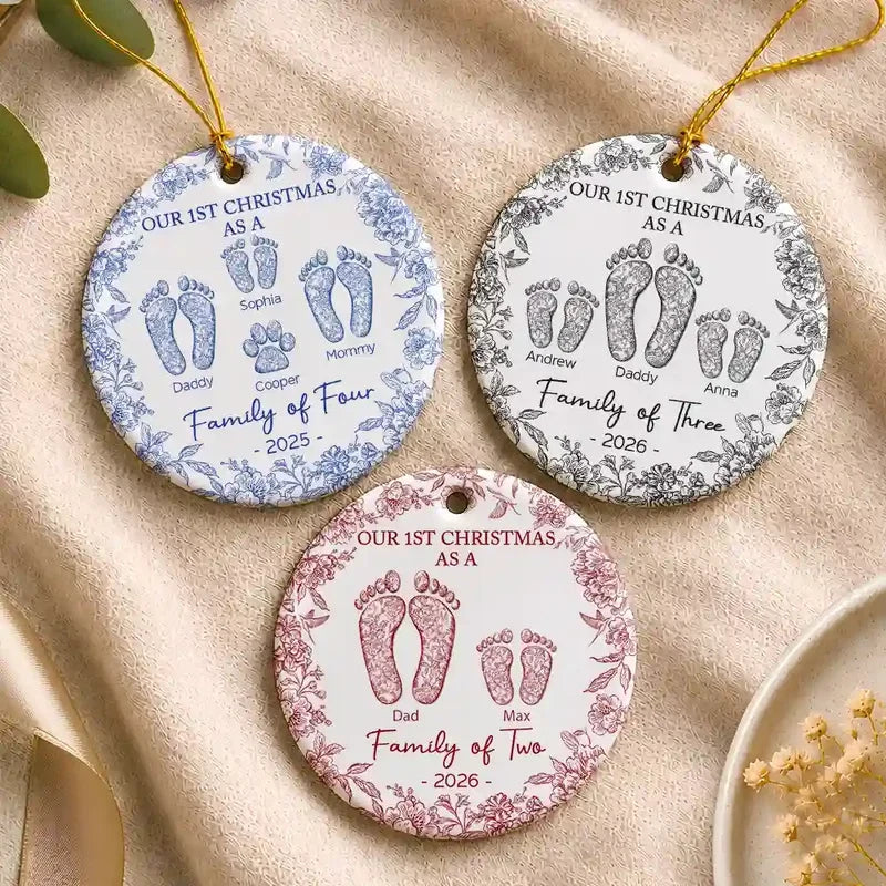 "Our First Christmas As A Family" Personalized Ceramic Ornament - Custom Baby Footprint Holiday Keepsake
