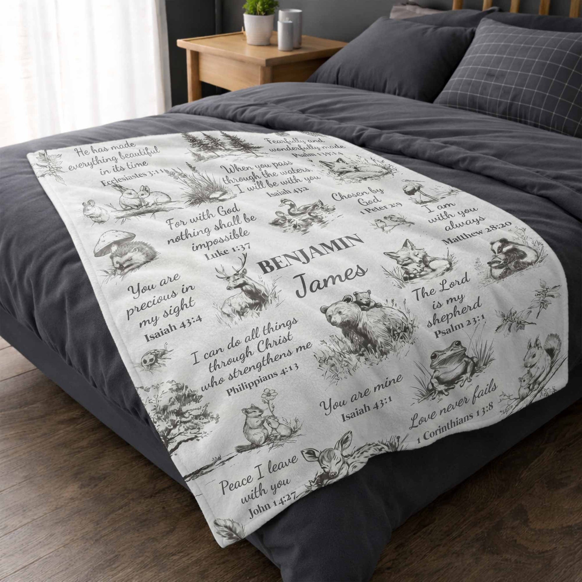 Personalized bible verse kids blanket with forest animals and custom name print image 6