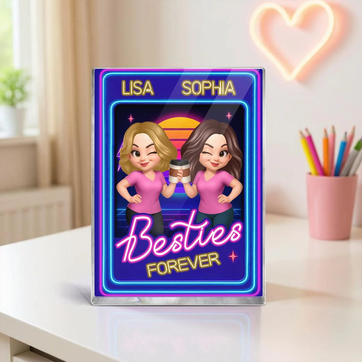 Personalized best friend acrylic block featuring retro neon design and customized avatars for a unique keepsake gift image 6