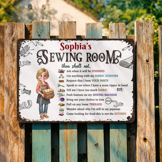 Personalized sewing room rules metal sign with funny rules and custom name for craft room wall decor
