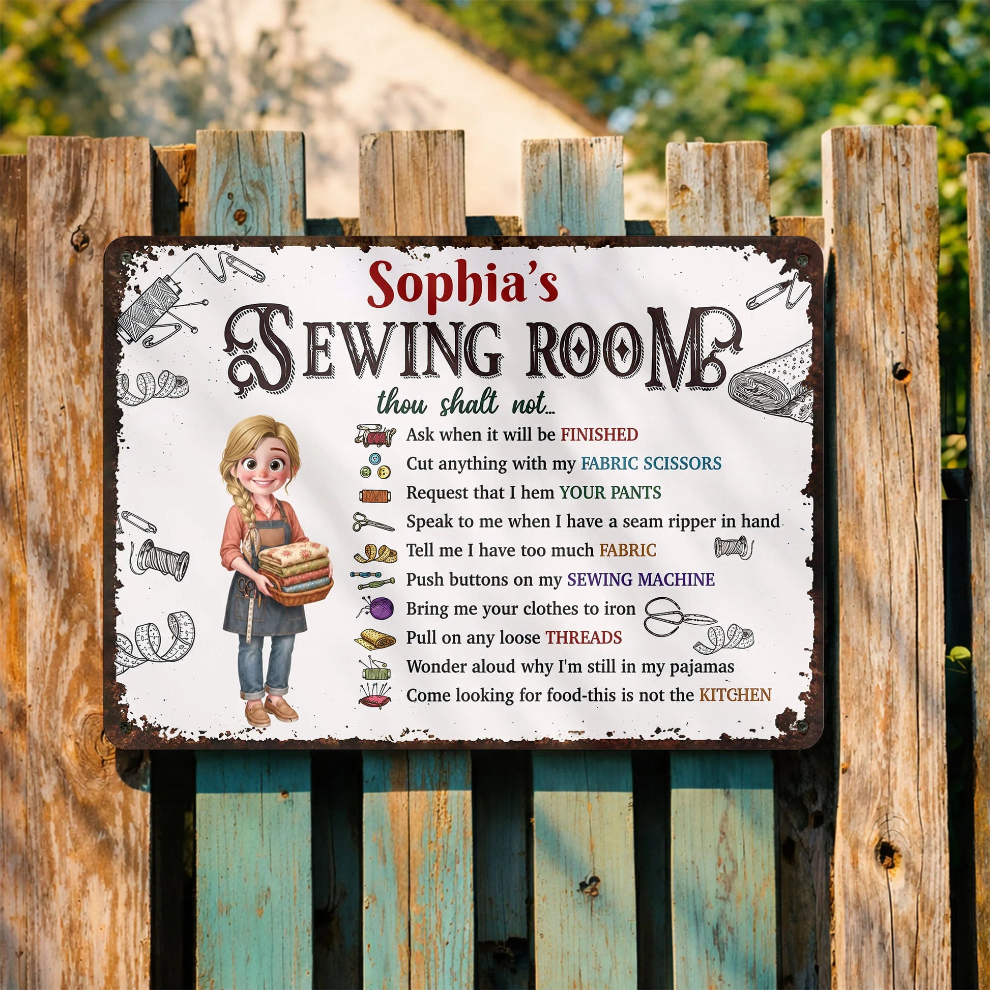 Personalized sewing room rules metal sign with funny rules and custom name for craft room wall decor
