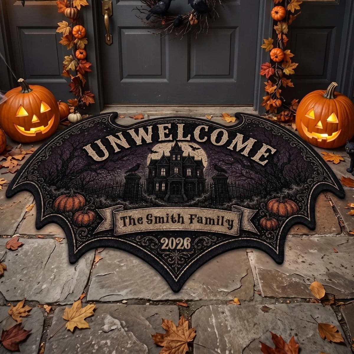 "UNWELCOME" Personalized Bat Shaped Doormat - Gothic Halloween Outdoor Rug Decor for Family Housewarming