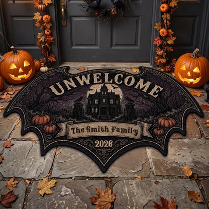 "UNWELCOME" Personalized Bat Shaped Doormat - Gothic Halloween Outdoor Rug Decor for Family Housewarming