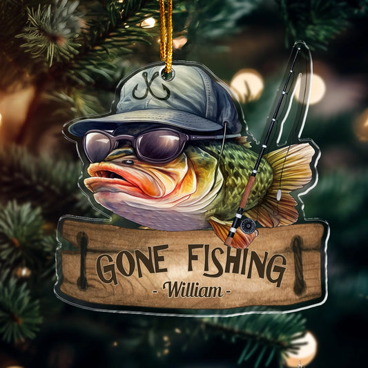 Gone Fishing Personalized Bass Fish Acrylic Ornament - Custom Christmas Keepsake Gift for Dad Grandpa
