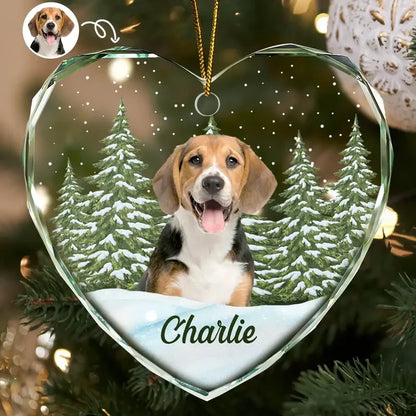 Custom Pet Photo Winter Scene Heart Glass Ornament - Personalized Pet Memorial Christmas Gift